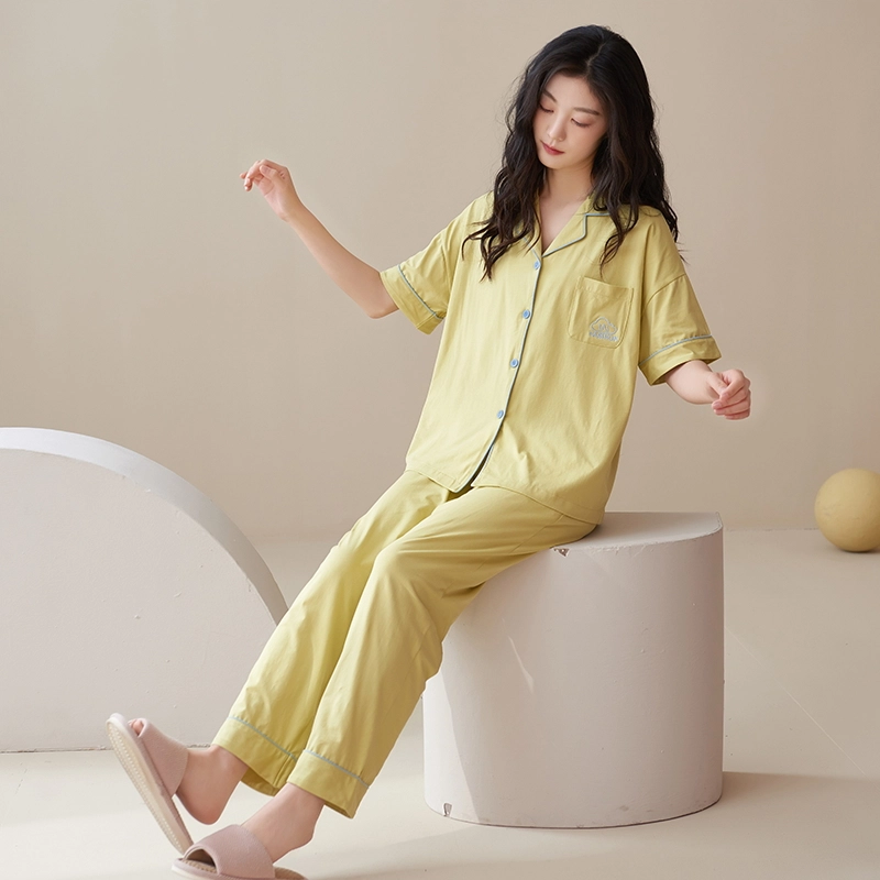 帕兰朵 简约亲肤舒适翻领短袖开衫休闲可外穿家居服长裤睡衣套装 女款 绿黄色