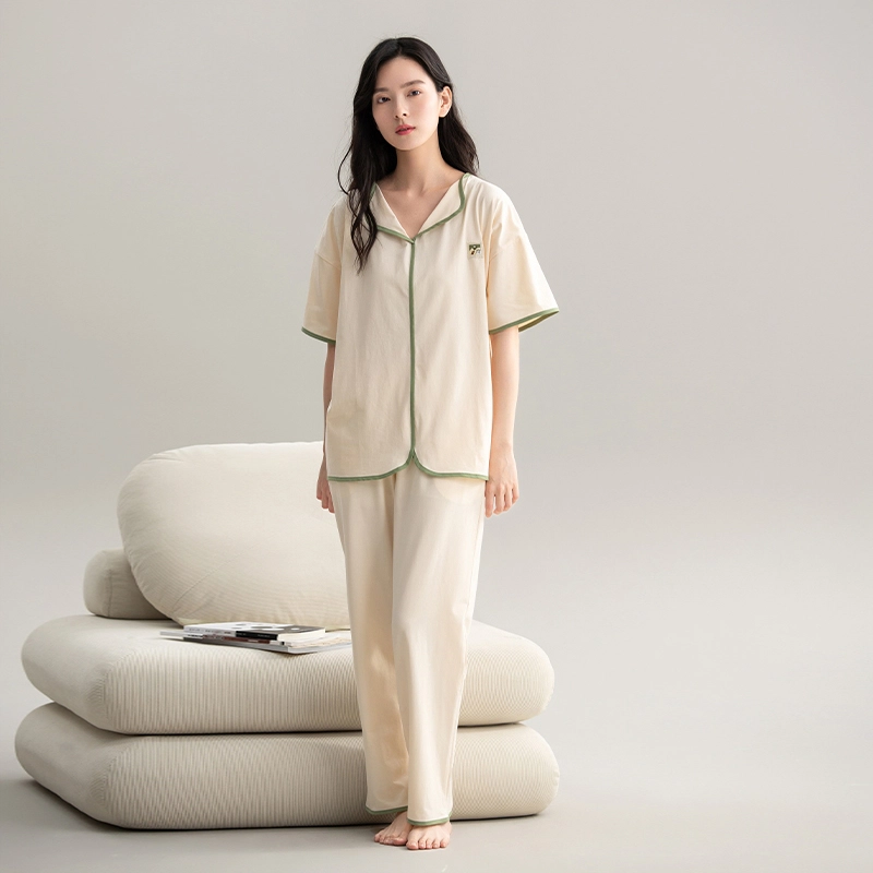 帕兰朵 夏季简约薄款休闲短袖舒适透气亲肤长裤家居服睡衣套装 女款 米白色