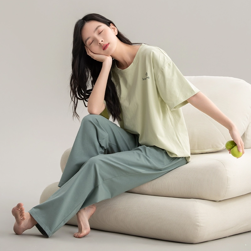 帕兰朵 夏天薄款休闲简约短袖舒适透气亲肤长裤时尚可外穿家居服睡衣套装 女款 黄绿色