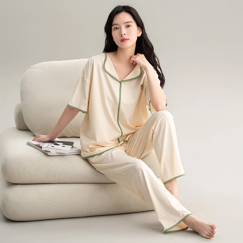 帕兰朵 夏季简约薄款休闲短袖舒适透气亲肤长裤家居服睡衣套装 女款 米白色