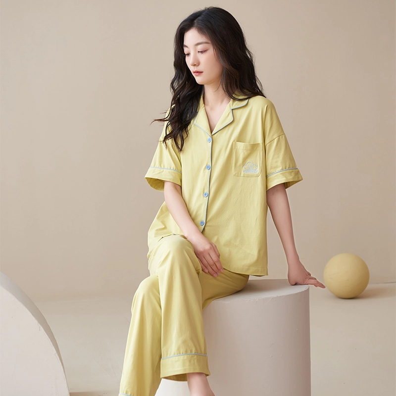 帕兰朵 简约亲肤舒适翻领短袖开衫休闲可外穿家居服长裤睡衣套装 女款 绿黄色