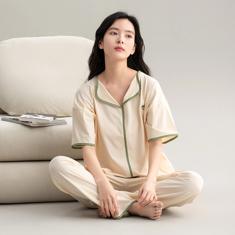 帕兰朵 夏季简约薄款休闲短袖舒适透气亲肤长裤家居服睡衣套装 女款 米白色