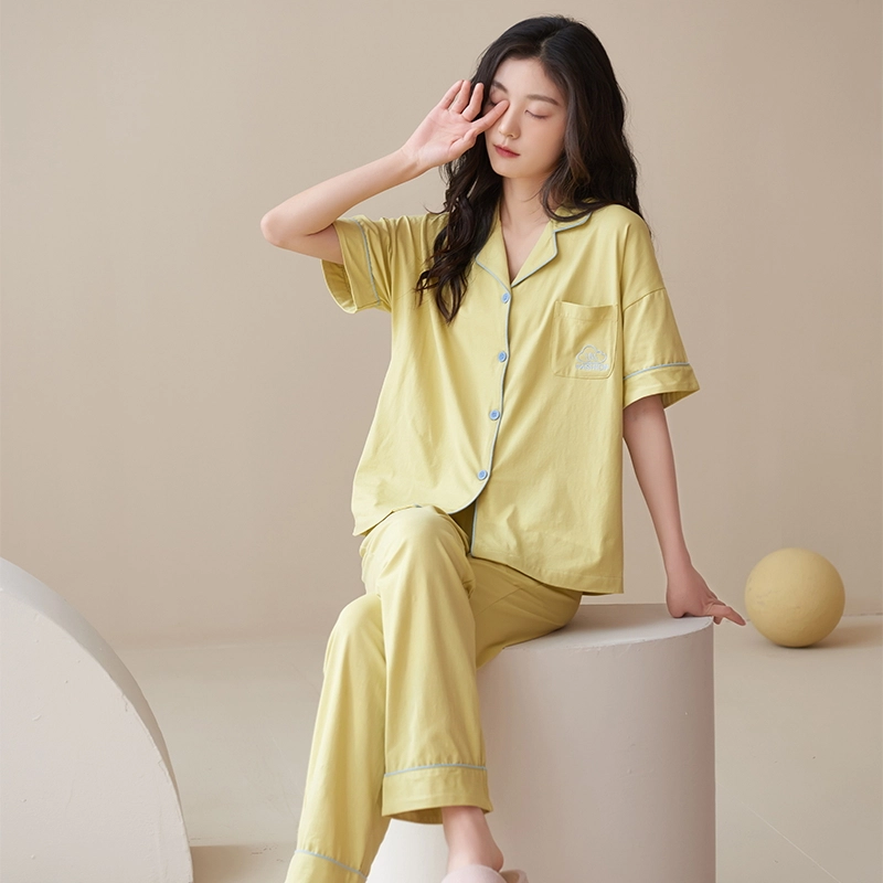 帕兰朵 简约亲肤舒适翻领短袖开衫休闲可外穿家居服长裤睡衣套装 女款 绿黄色