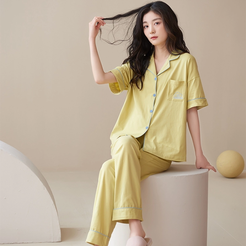 帕兰朵 简约亲肤舒适翻领短袖开衫休闲可外穿家居服长裤睡衣套装 女款 绿黄色
