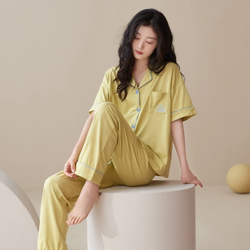 帕兰朵 简约亲肤舒适翻领短袖开衫休闲可外穿家居服长裤睡衣套装 女款 绿黄色