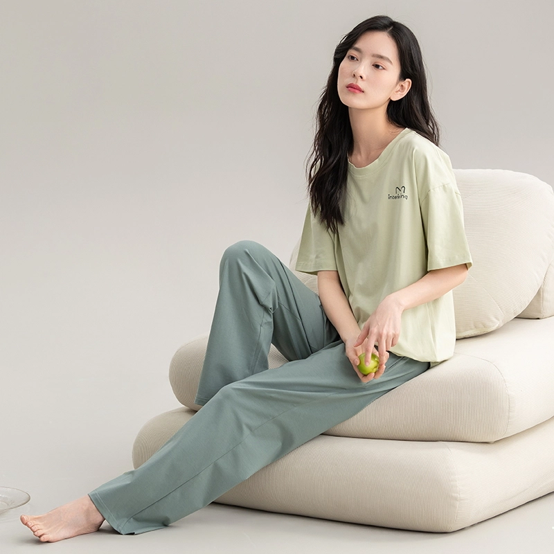 帕兰朵 夏天薄款休闲简约短袖舒适透气亲肤长裤时尚可外穿家居服睡衣套装 女款 黄绿色