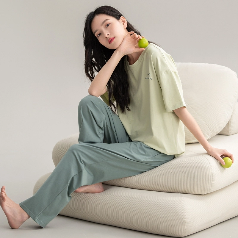 帕兰朵 夏天薄款休闲简约短袖舒适透气亲肤长裤时尚可外穿家居服睡衣套装 女款 黄绿色