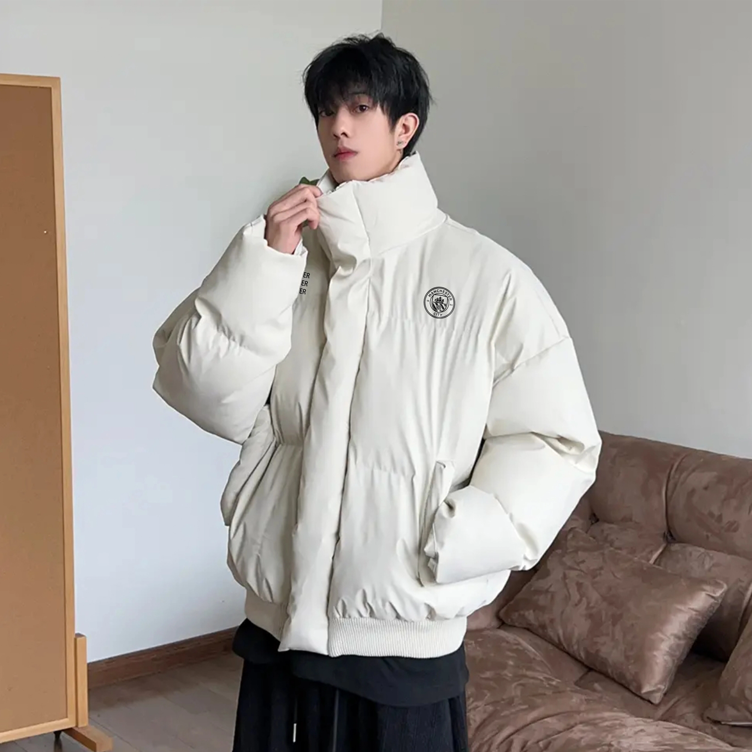 曼城 可拆卸大毛领美式复古纯色品牌队徽印花休闲情侣百搭防风防泼水御寒锁温宽松派克工装连帽棉服 男女同款