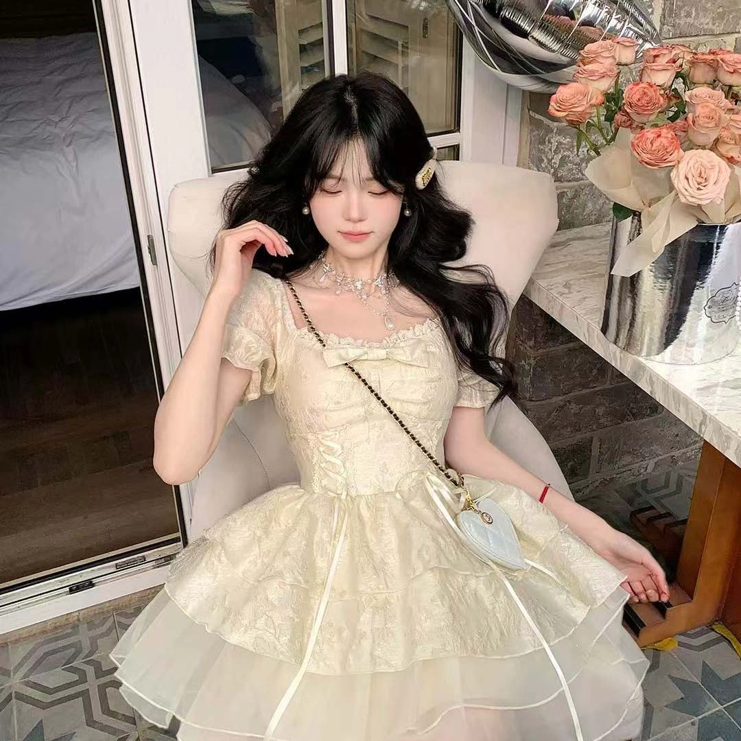珠蒂美 公主风提花蝴蝶结欧根纱蓬蓬裙短袖连衣裙 女款
