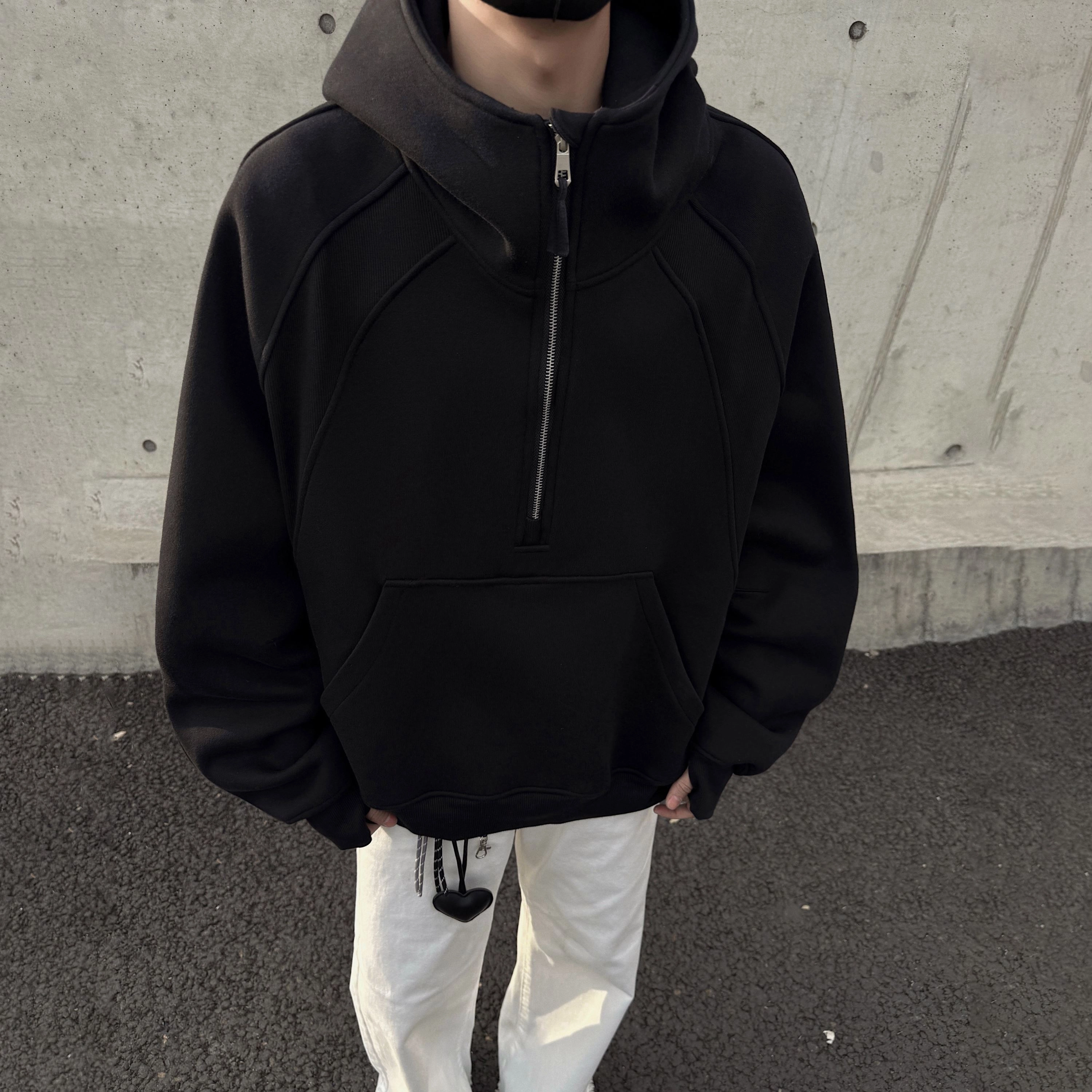 悍戈 美式复古高街风宽松半拉链设计休闲百搭学院风简约氛围感连帽拼接纯色潮流长袖时尚卫衣 男女同款