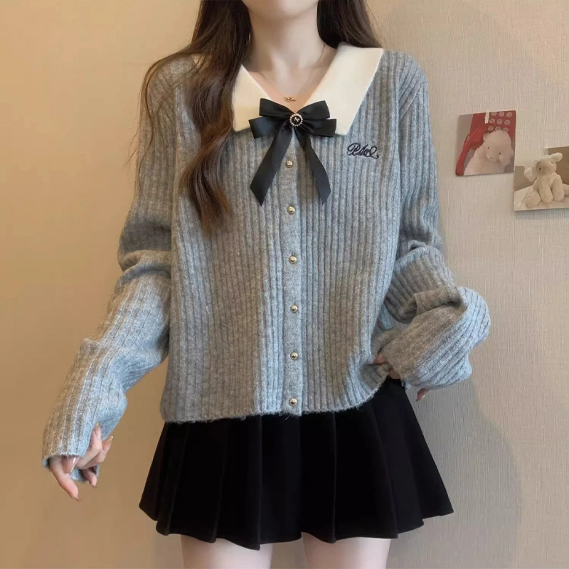 轻迎 法式学院风蝴蝶结长袖开衫针织衫 女款