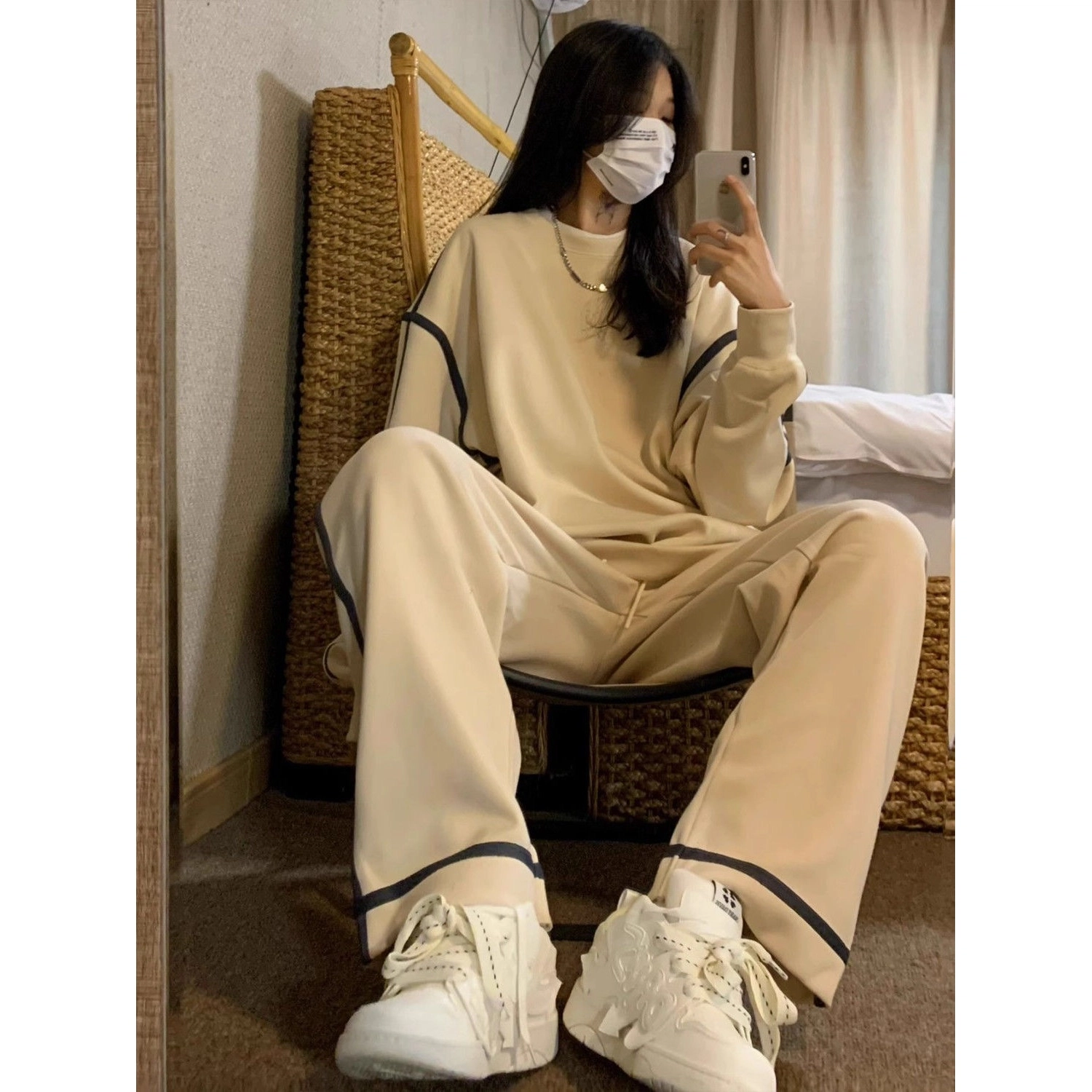 轻迎 慵懒风运动美式设计感宽松显瘦拼接卫衣长裤两件套休闲套装 女款