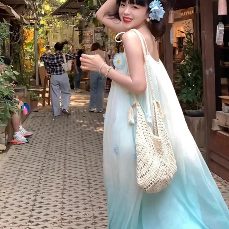 轻迎 法式海边度假仙气花朵气质吊带连衣裙 女款