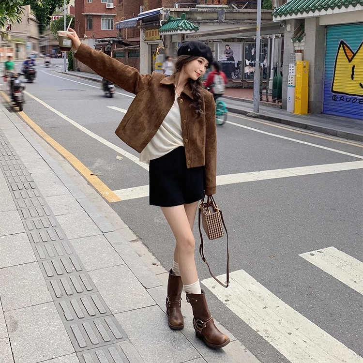 轻迎 复古麂皮绒飞行服修身型街头风夹克 女款