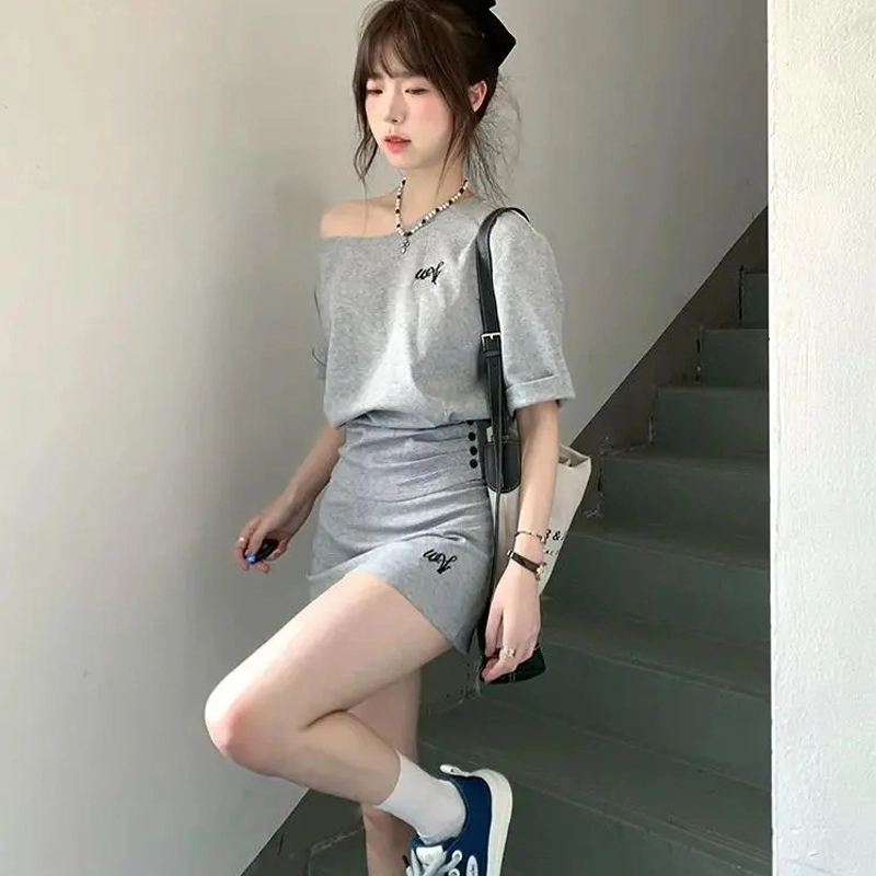 轻迎 舒适休闲简约短袖上衣纯色百搭半身裙裙装套装 女款 灰色