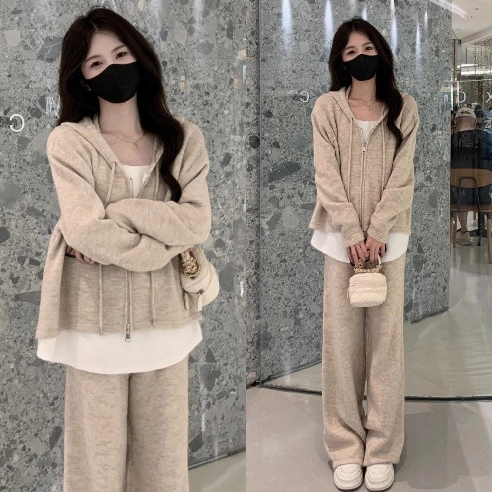 轻迎 时尚假两件连帽卫衣宽松阔腿裤两件套休闲套装 女款