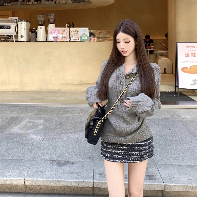 轻迎 韩系复古半开领长袖纯色慵懒风宽松百搭上衣针织衫 女款