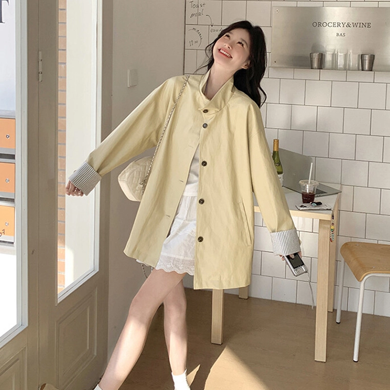 轻迎 韩系复古学院风条纹高级感中长款外套风衣 女款
