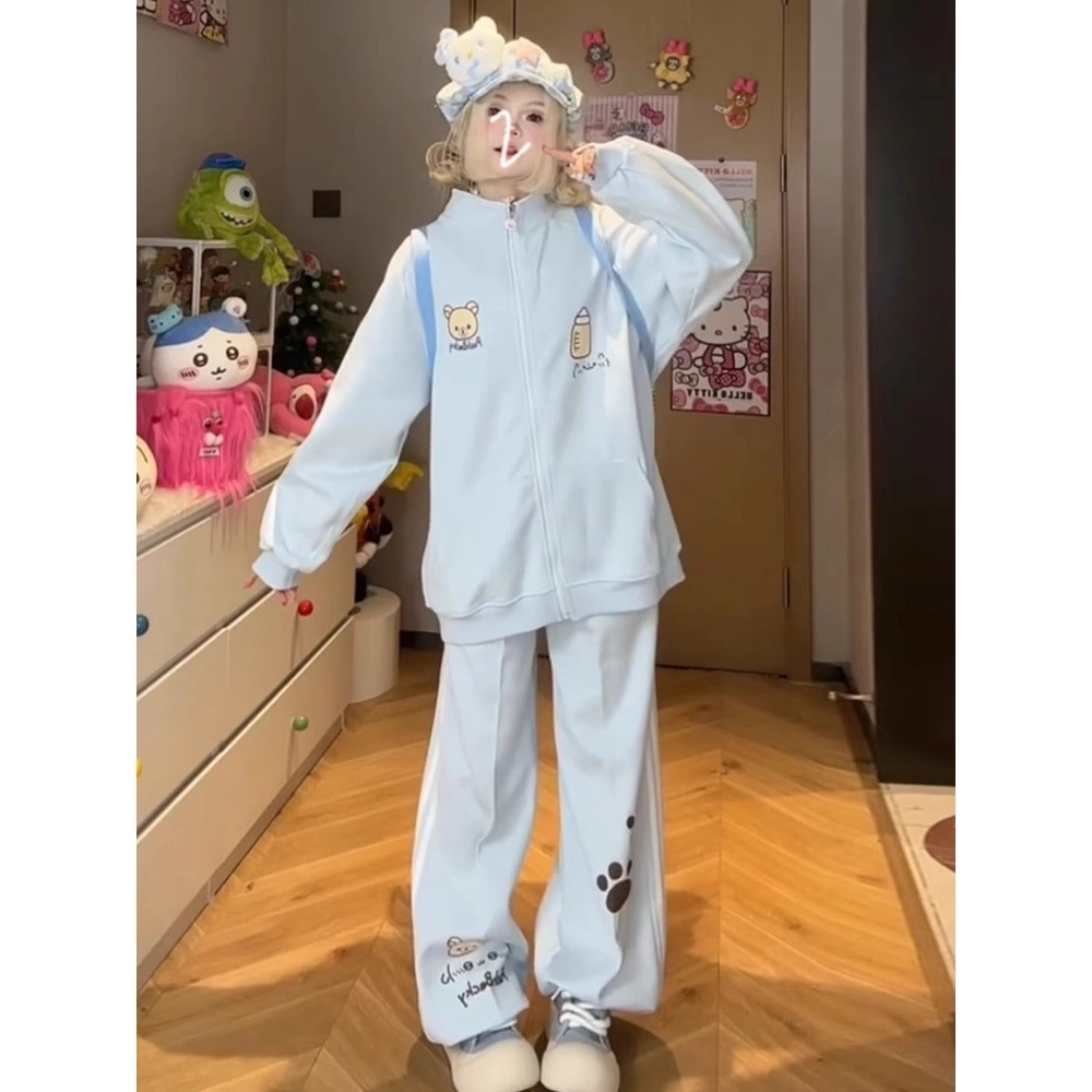 轻迎 学院风运动服日系可爱减龄卫衣卫裤休闲套装 女款