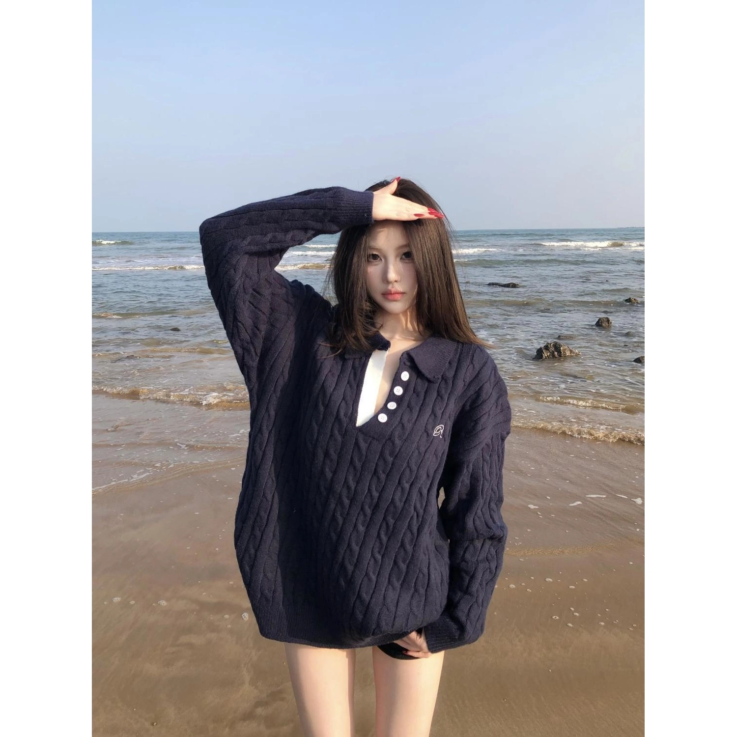 轻迎 慵懒风翻领麻花长袖毛衣宽松上衣高腰显瘦短裤休闲套装 女款