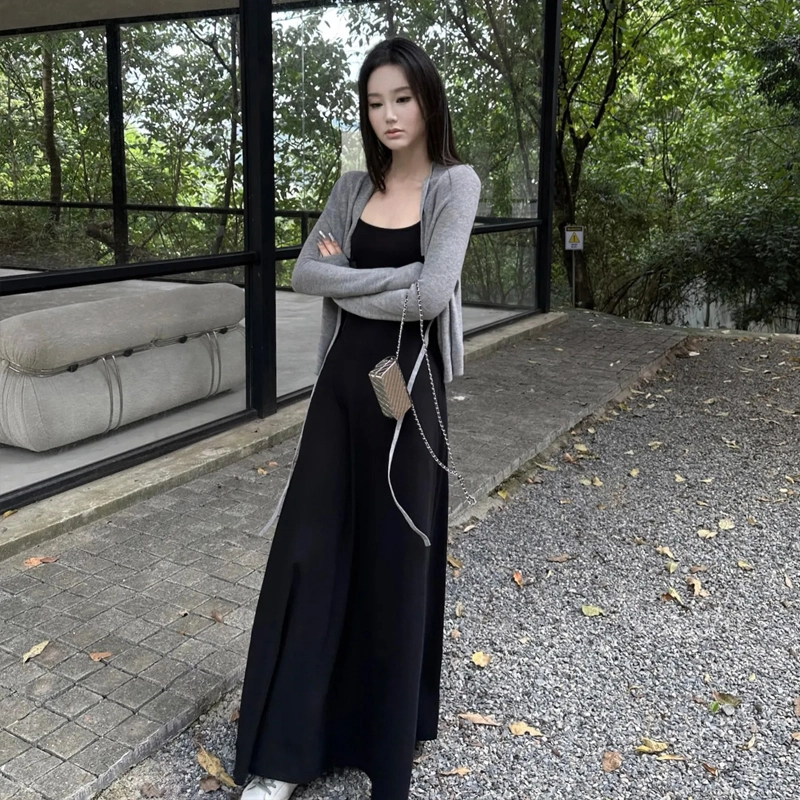 轻迎 法式纯欲风清冷吊带长裙系带针织披肩裙装套装 女款