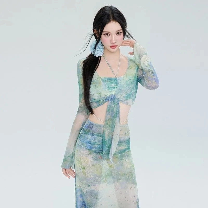 轻迎 合身薄款长袖泳衣套装 女款