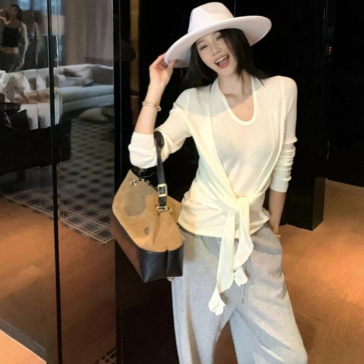 轻迎 法式拼接长袖复古风气质挂脖上衣针织衫 女款