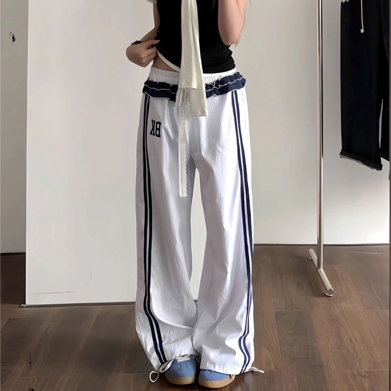 轻迎 美式复古条纹裙嘻哈街头字母百搭阔腿休闲裤 女款