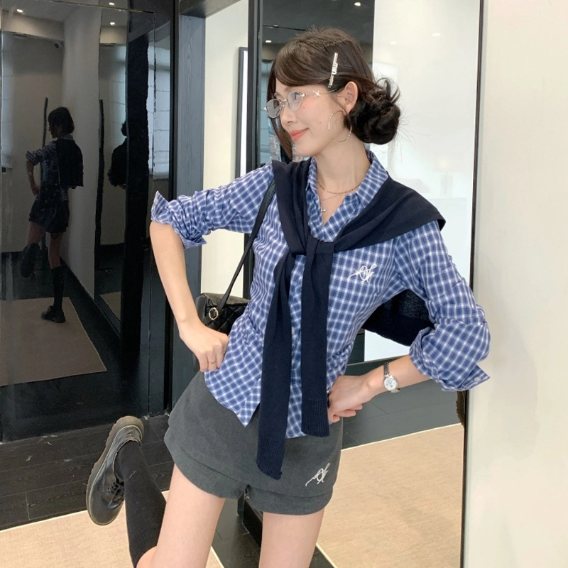 轻迎 学院风披肩格子长袖掐腰衬衫显瘦半身裙裤三件套休闲套装 女款