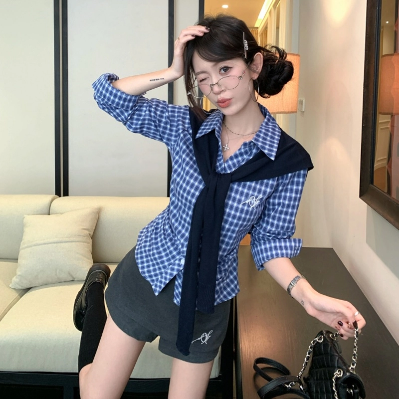 轻迎 学院风披肩格子长袖掐腰衬衫显瘦半身裙裤三件套休闲套装 女款
