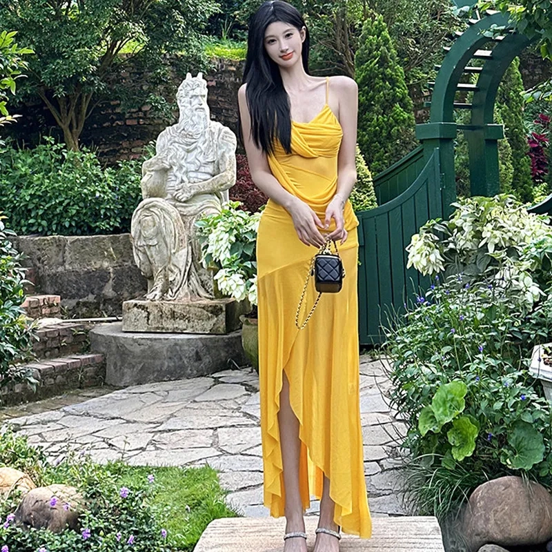 轻迎 清冷感明艳慵懒风收腰显瘦遮肉无袖连衣裙 女款