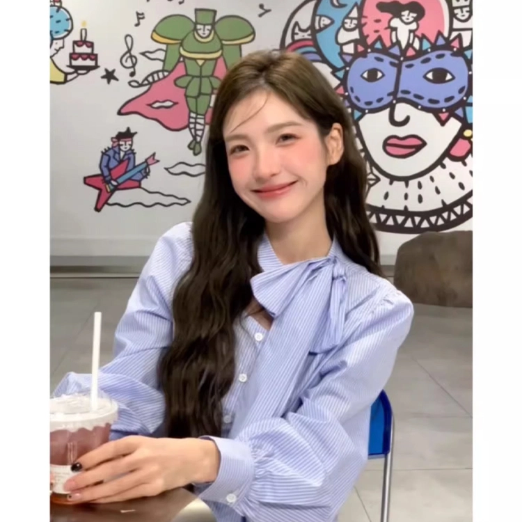 轻迎 蝴蝶结条纹常规长袖法式短款衬衣内搭上衣衬衫 女款