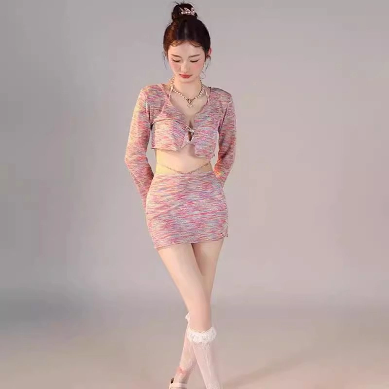 轻迎 高级感彩虹比基尼四件套小胸聚拢钢托温泉度假分体纯欲小香风泳衣套装 女款