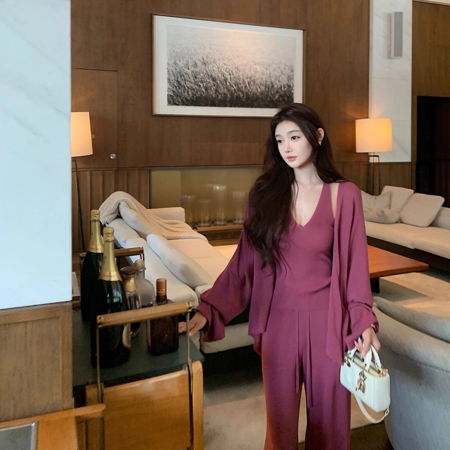 轻迎 轻奢设计感洋气显瘦开衫背心裤休闲套装 女款