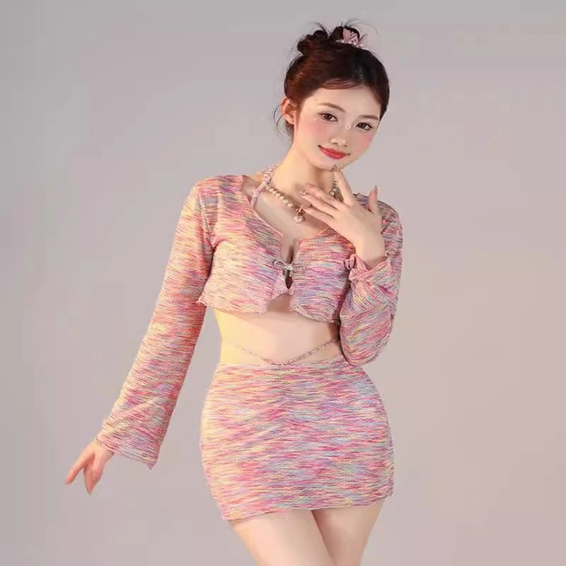 轻迎 高级感彩虹比基尼四件套小胸聚拢钢托温泉度假分体纯欲小香风泳衣套装 女款