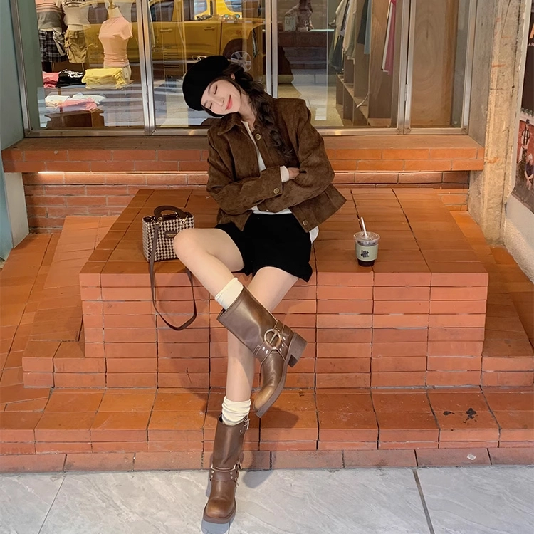 轻迎 复古麂皮绒飞行服修身型街头风夹克 女款