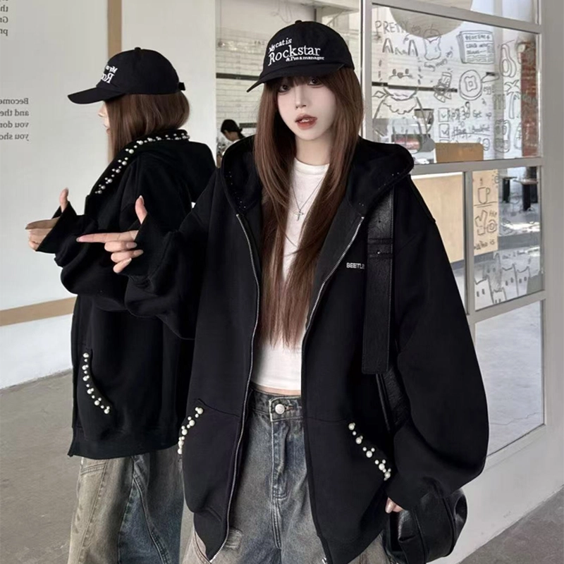 轻迎 美式高街拉链连帽宽松珍珠钉珠百搭外套卫衣 女款