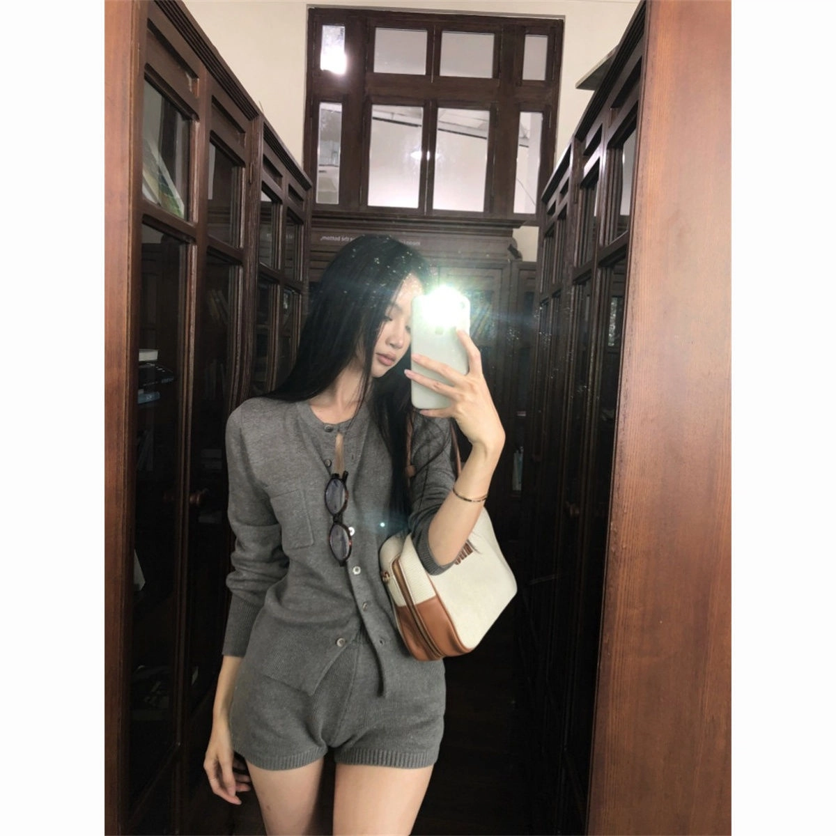 轻迎 复古修身长袖针织开衫上衣直筒短裤休闲套装 女款