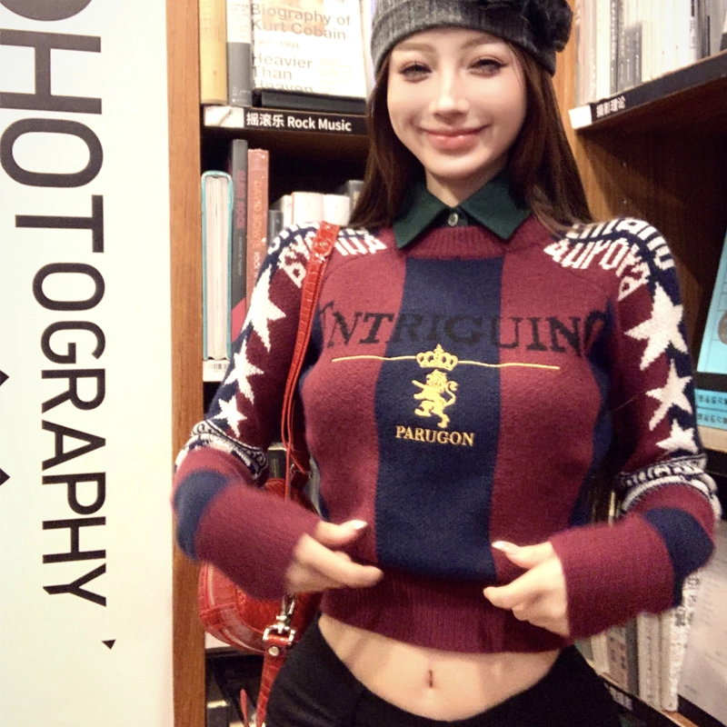 轻迎 美式时尚复古优雅精致假两件修身提花刺绣小众减龄辣妹上衣针织衫 女款