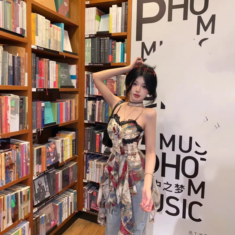 轻迎 法式复古辣妹显瘦设计感不规则蕾丝上衣吊带 女款 花色