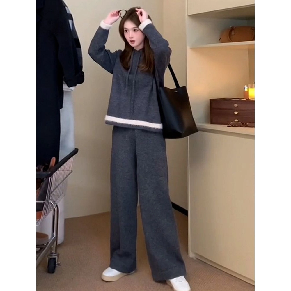 轻迎 小个子气质穿搭舒适百搭针织通勤上衣长裤休闲套装 女款