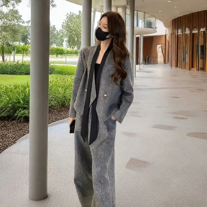 轻迎 时尚飘带高级西装外套筒裤休闲套装 女款