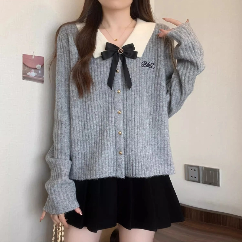 轻迎 法式学院风蝴蝶结长袖开衫针织衫 女款