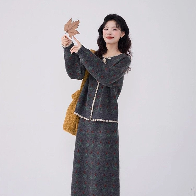 轻迎 复古印花气质秋冬常规裙装套装 女款