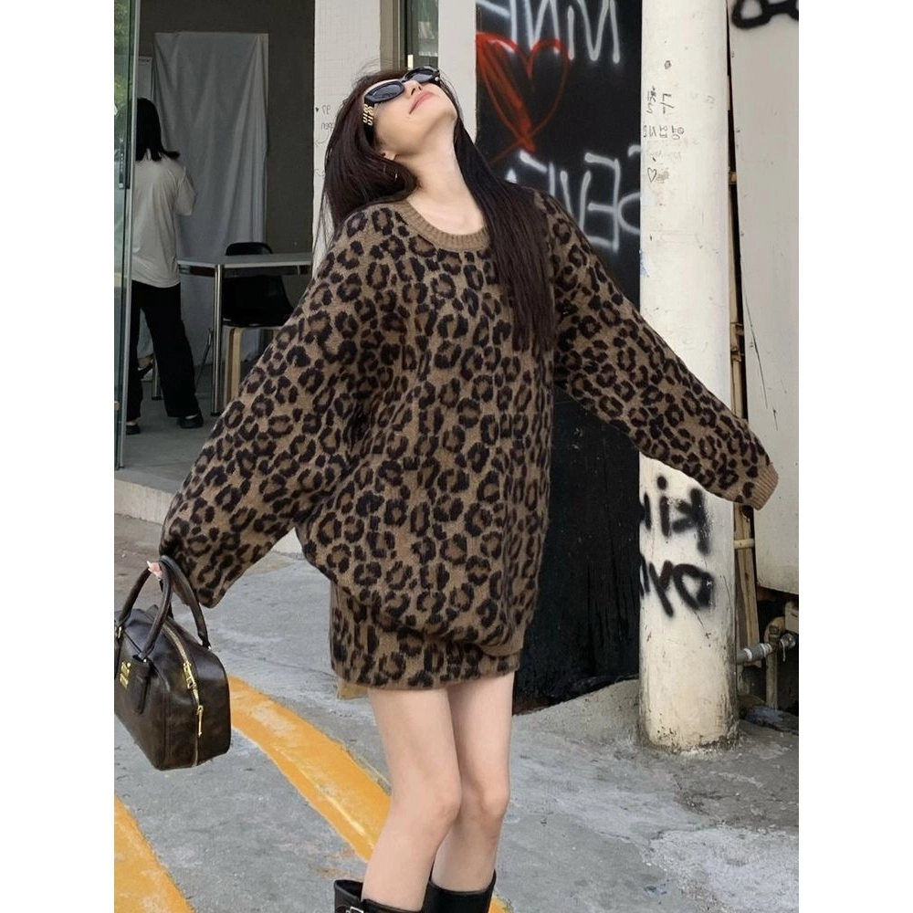 轻迎 辣妹风圆领豹纹时尚韩版宽松慵懒风短裙休闲套装 女款