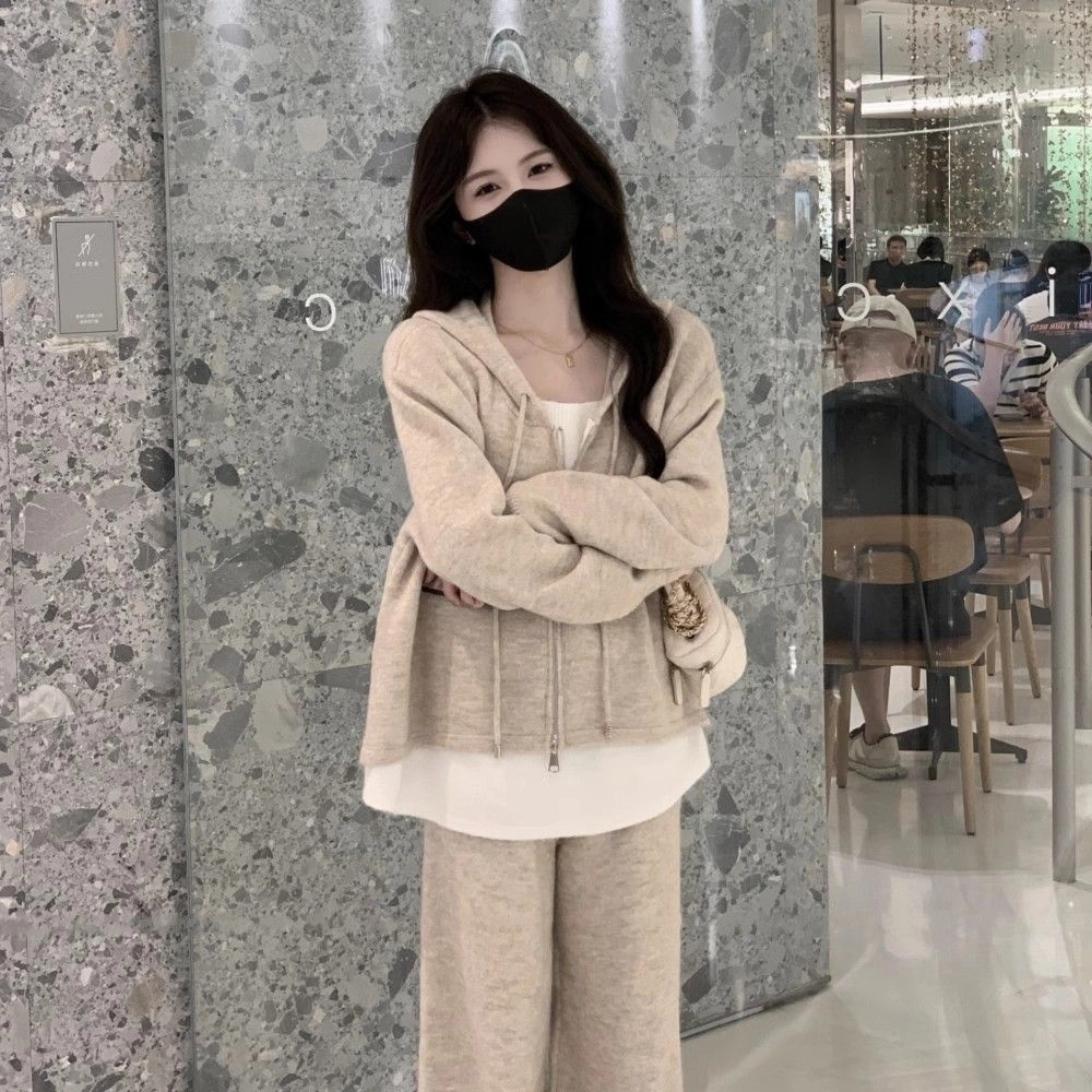 轻迎 时尚假两件连帽卫衣宽松阔腿裤两件套休闲套装 女款