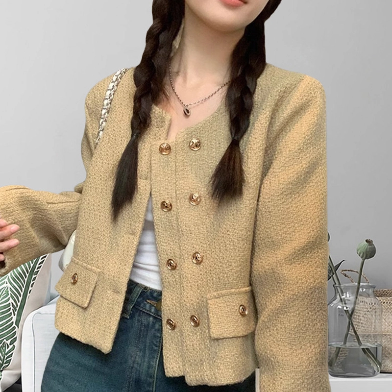 轻迎 小香风圆领长袖短款高级感气质双排扣开衫上衣截短外套 女款