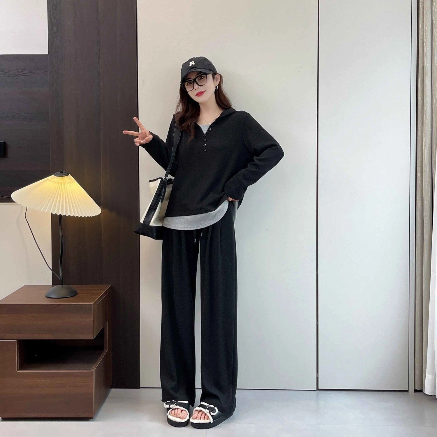 轻迎 假两件连帽上衣直筒拖地裤时尚显瘦休闲套装 女款