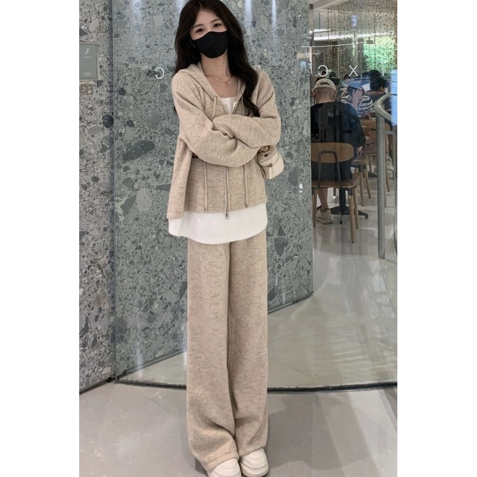 轻迎 时尚假两件连帽卫衣宽松阔腿裤两件套休闲套装 女款
