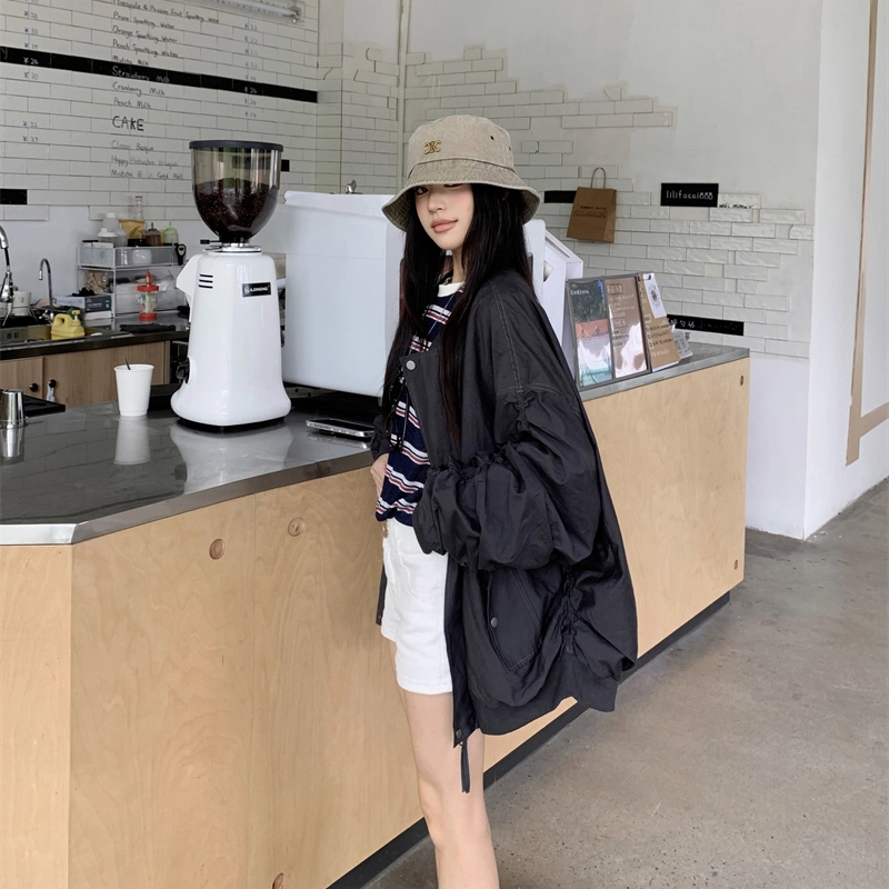 轻迎 美式设计感褶皱立领棒球服外套宽松休闲显瘦百搭上衣夹克 女款